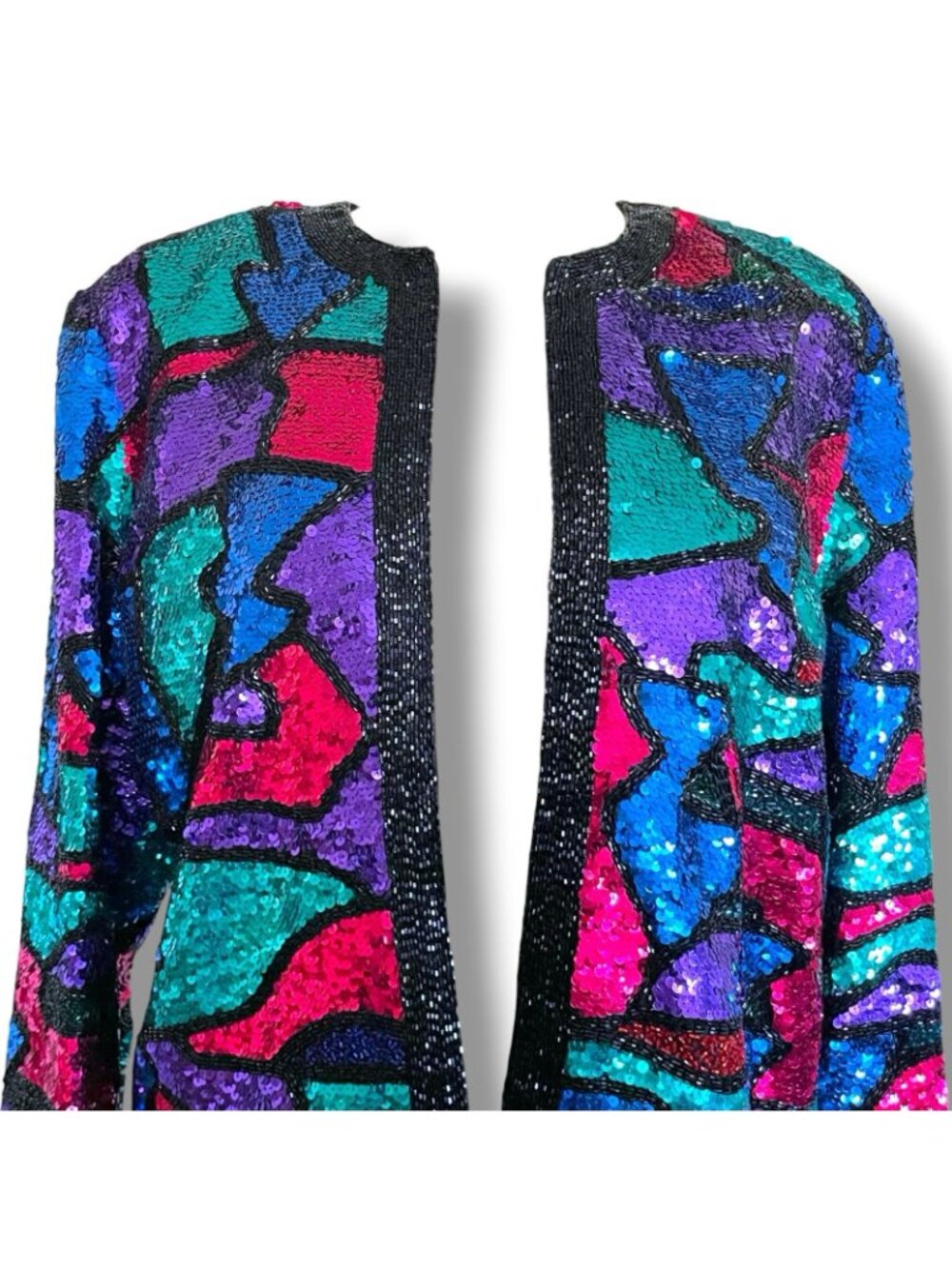 Vintage Oleg Cassini Black Tie Jacket Sz Large Jewel Tone Beaded Sequin Silk - Picture 3 of 10